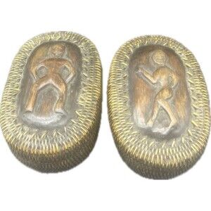 VTG African Wood Carved PEOPLE W/Rattan Footed Trinket Boxes 4”X 3”- Set Of 2